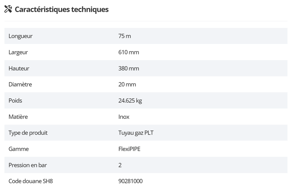 Tuyau gaz inox à raccords mécaniques (PLT) FlexiPIPE2 DN 20 en touret de 75 mètres